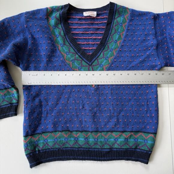 Vintage 80s‎ Beldoch Popper Women’s V-Neck Sweater Blue Green Geometric Size M - Picture 10 of 12